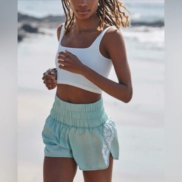 Free People FP Movement Way Home Big Logo Shorts in Turquoise Mint NWT - Picture 2 of 4